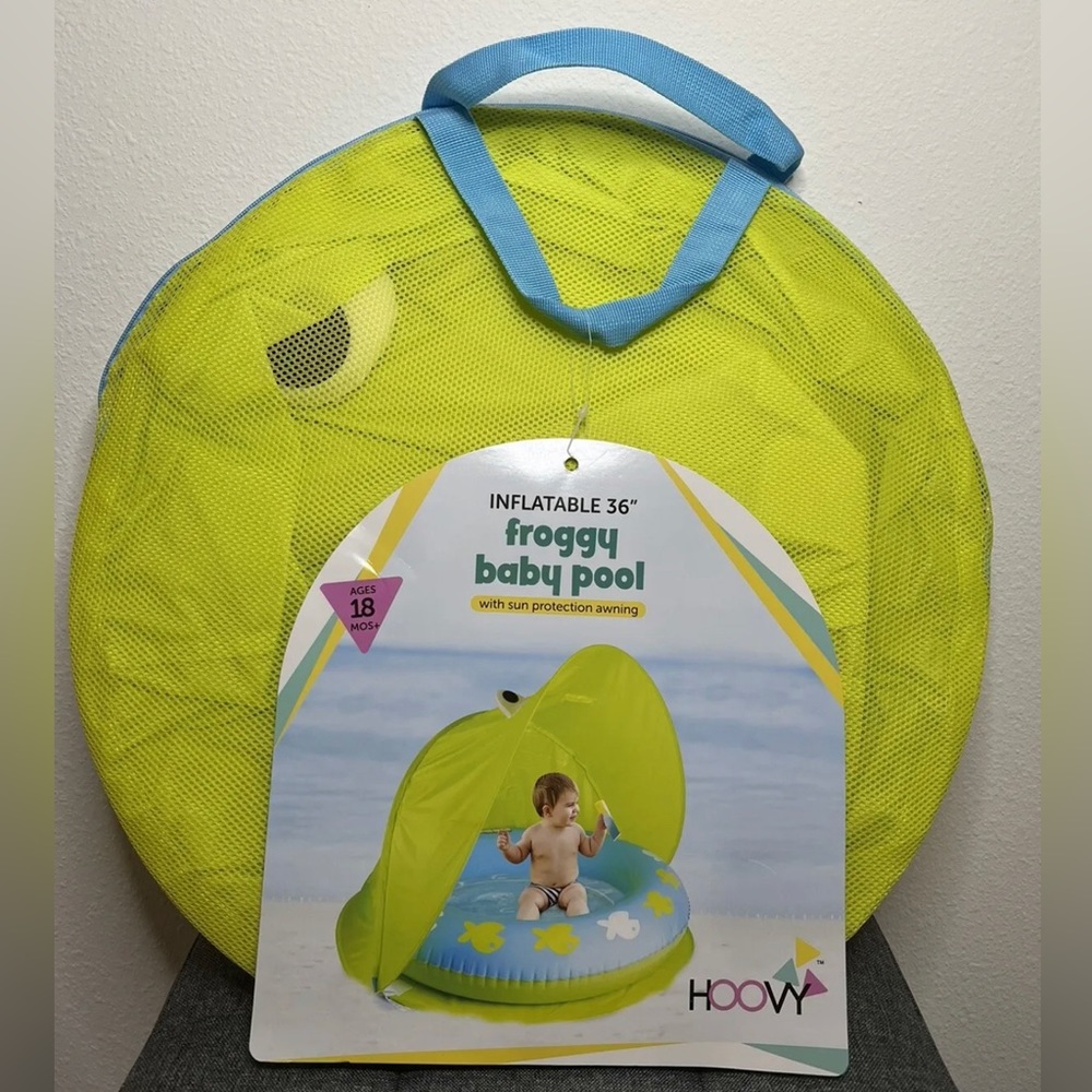 Hoovy Froggy Inflatable 36” Adorable Baby Pool W/Sun Protection Awning Brand New